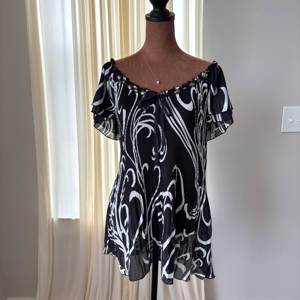 Y2K Dressbarn Top 14/16 Geometric Plisse Beaded Lace 90s Glam Whimsigoth Romcom
